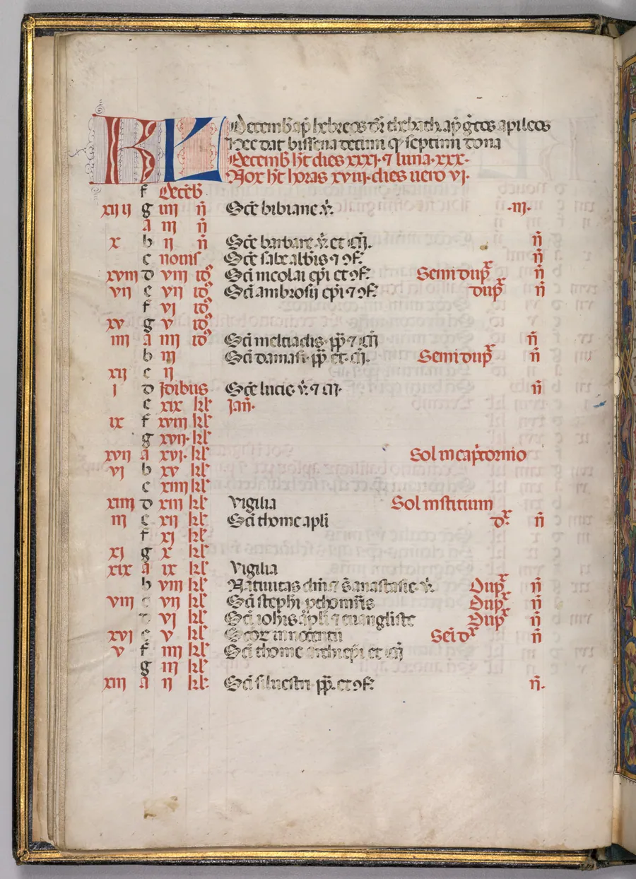 Missale: Fol. 8v: December Calendar Page by Giapeco Caporali