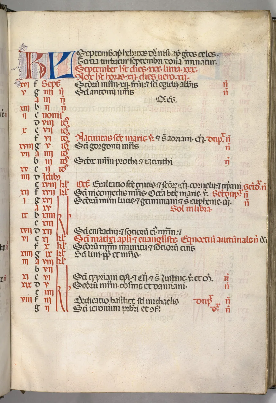 Missale: Fol. 7r: September Calendar Page by Giapeco Caporali