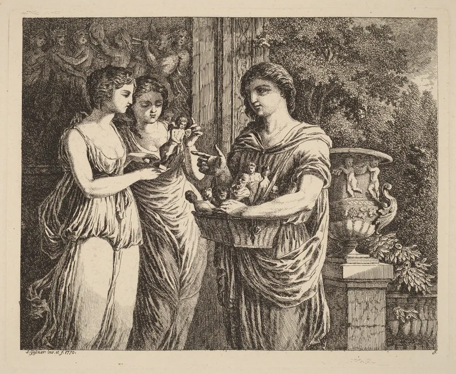 Figurine Seller with Two Girls by Salomon Gessner