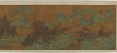 Landscape with buildings and travelers