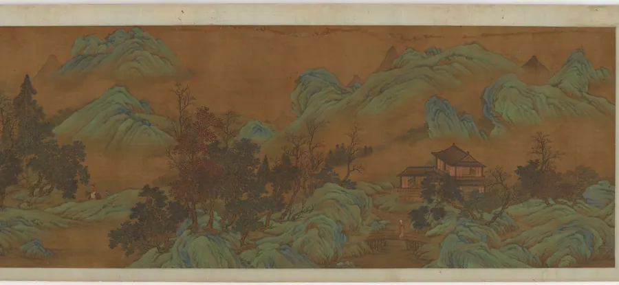 Landscape with buildings and travelers by Formerly attributed to Zhao Bosu (1124-1182)