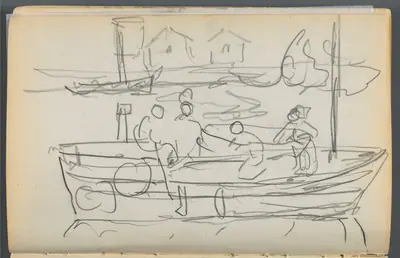 Sketchbook- The Granite Shore Hotel, Rockport, page 032: Figures on a Boat
