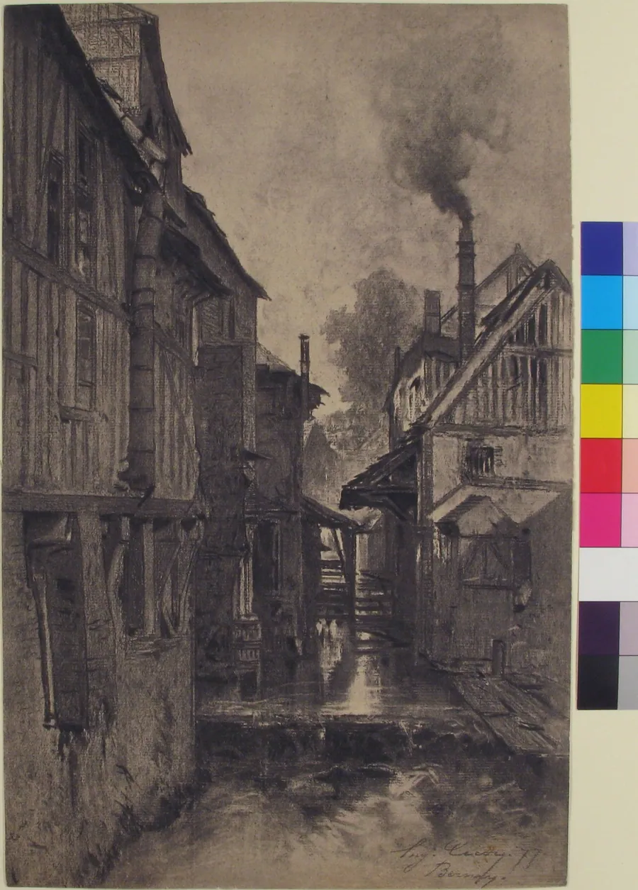 Half-Timbered Houses along a Waterway by Eugène Cicéri