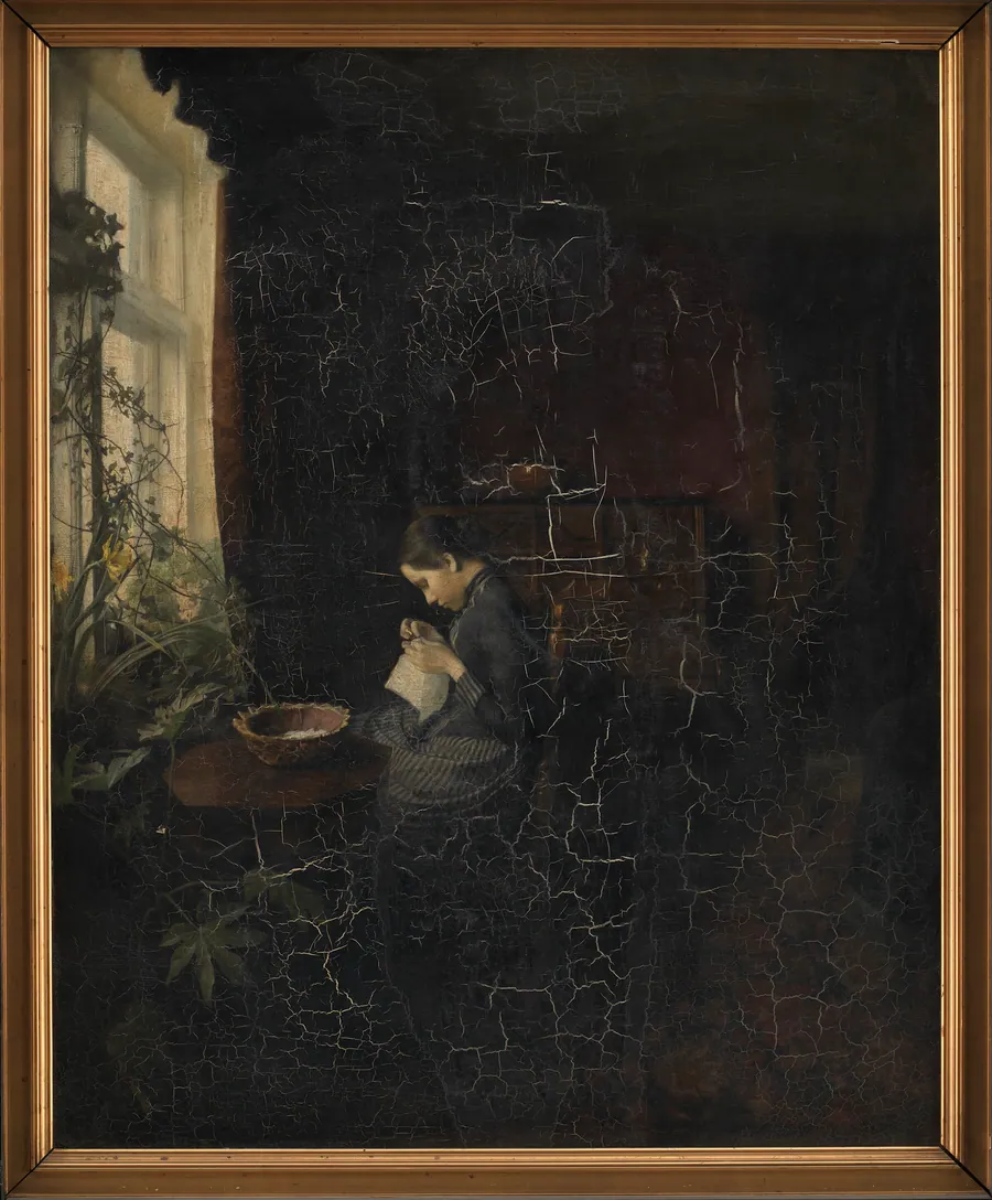 Interiør med en syende pige by Carl Holsøe