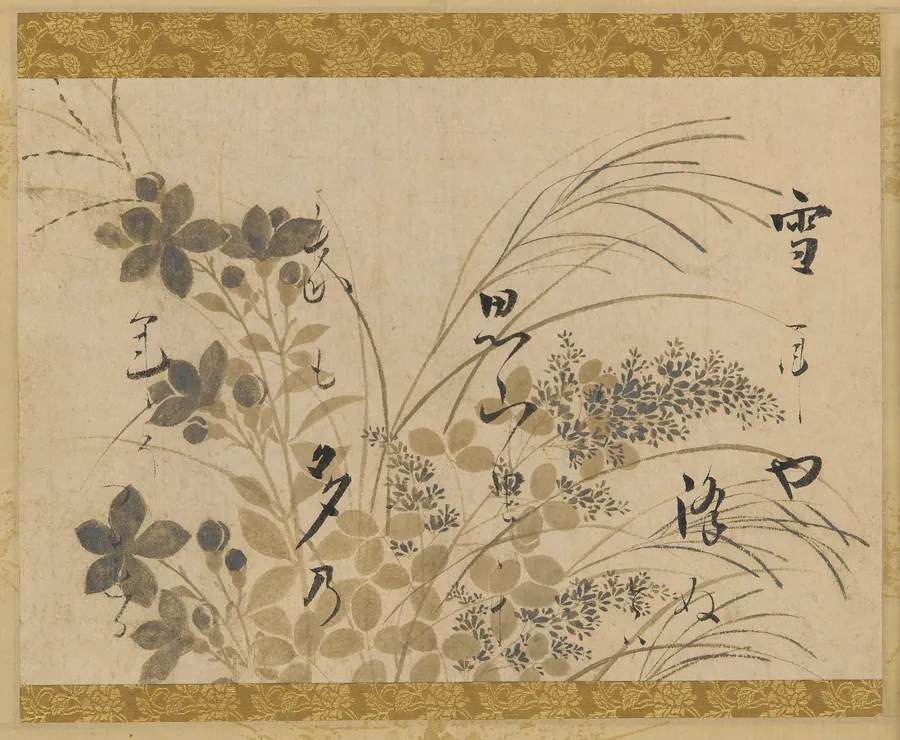 Flowers, grasses, and a poem by Attributed to Hon'ami Koetsu 本阿弥光悦 (1558-1637)
