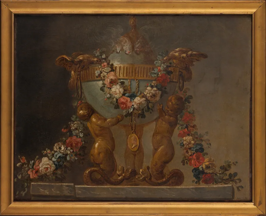 Perfume-burner supported by baby tritons and garlanded with flowers by French Painter