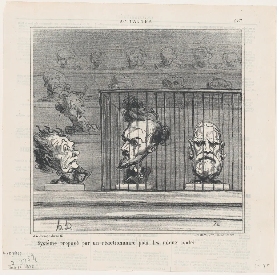 Proposal for a new system to better isolate reactionnaries, from 'News of the day,' published in Le Charivari, January 14, 1870 by Honoré Daumier