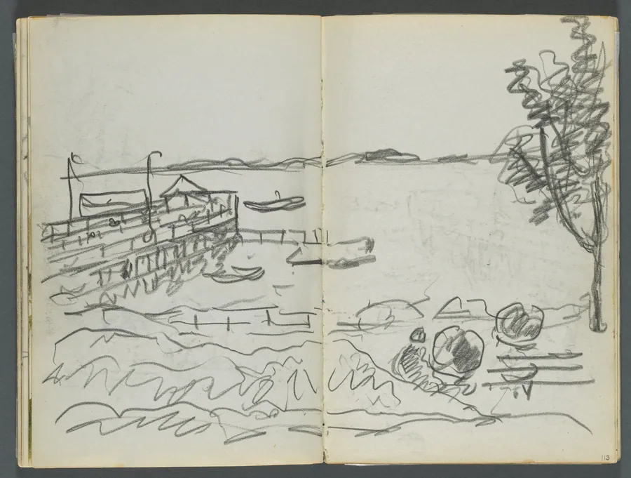 Sketchbook, The Dells, N° 127, page 112 & 113: View of Dock by Maurice Prendergast