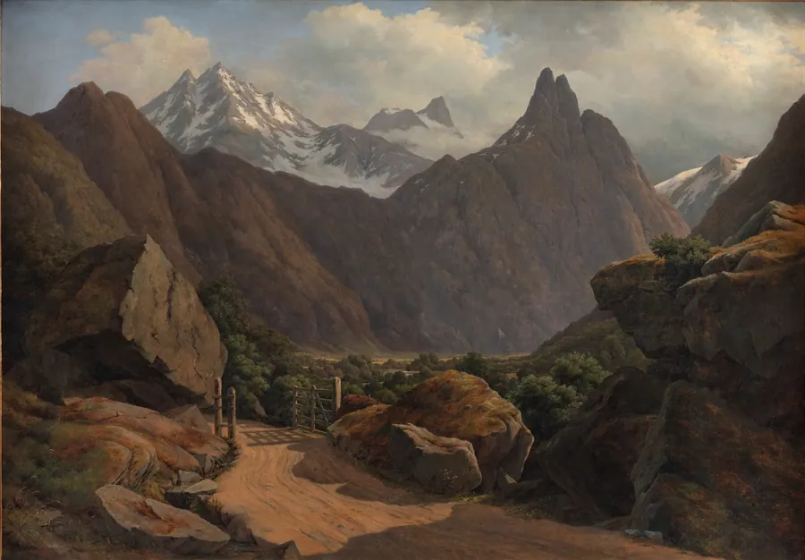 Parti af Romsdalen med Romsdals Horn og Vikingetinderne i Norge by A.W. Boesen