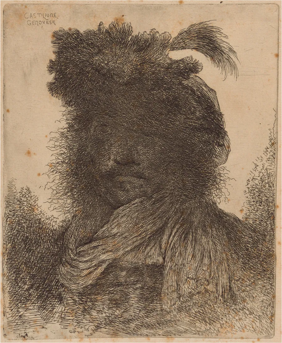 Bearded Man with Shadowed Face, Wearing a Scarf and a Plumed Hat by Giovanni Benedetto Castiglione