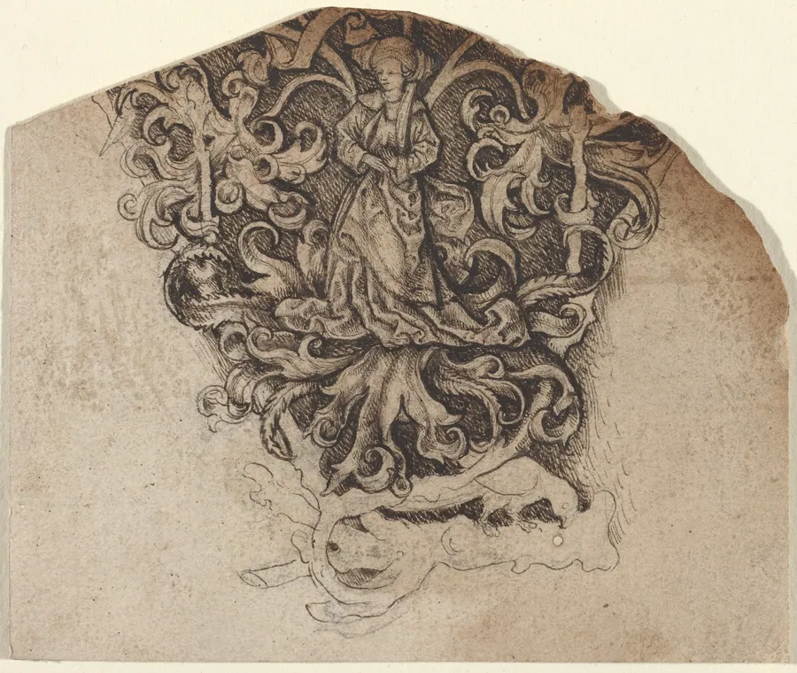 Gothic Ornament with a Lady and a Parrot by Master LCz