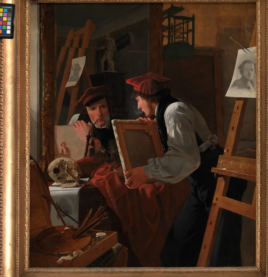En ung kunstner (Ditlev Blunck) betragter en skitse i et spejl by Wilhelm Bendz