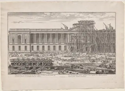 Representation des Machines qui ont servi à eslever les deux grandes pierres qui couvrent le fronton de la principale entrée du Louvre