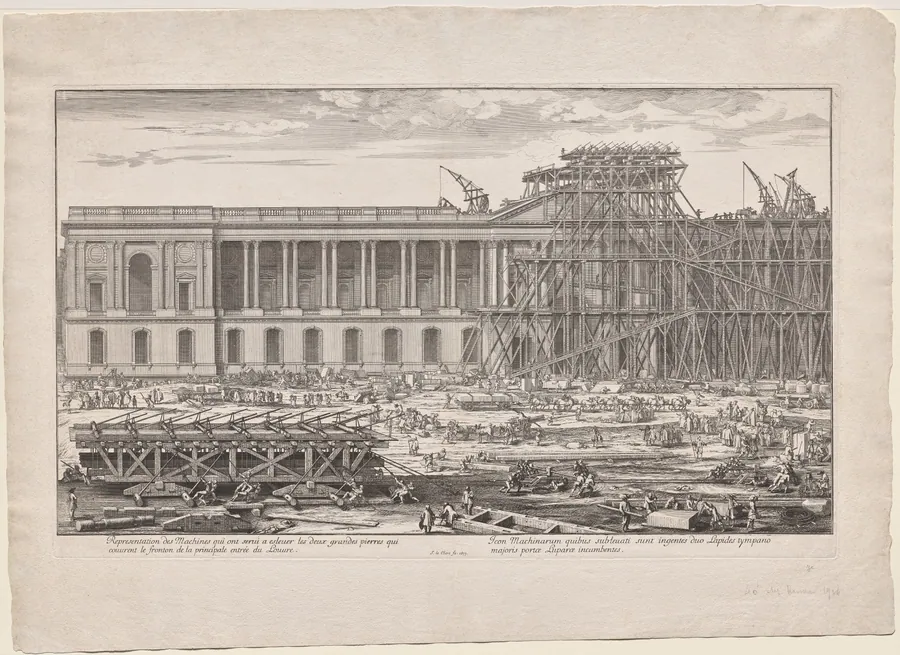 Representation des Machines qui ont servi à eslever les deux grandes pierres qui couvrent le fronton de la principale entrée du Louvre by Sébastien Le Clerc I