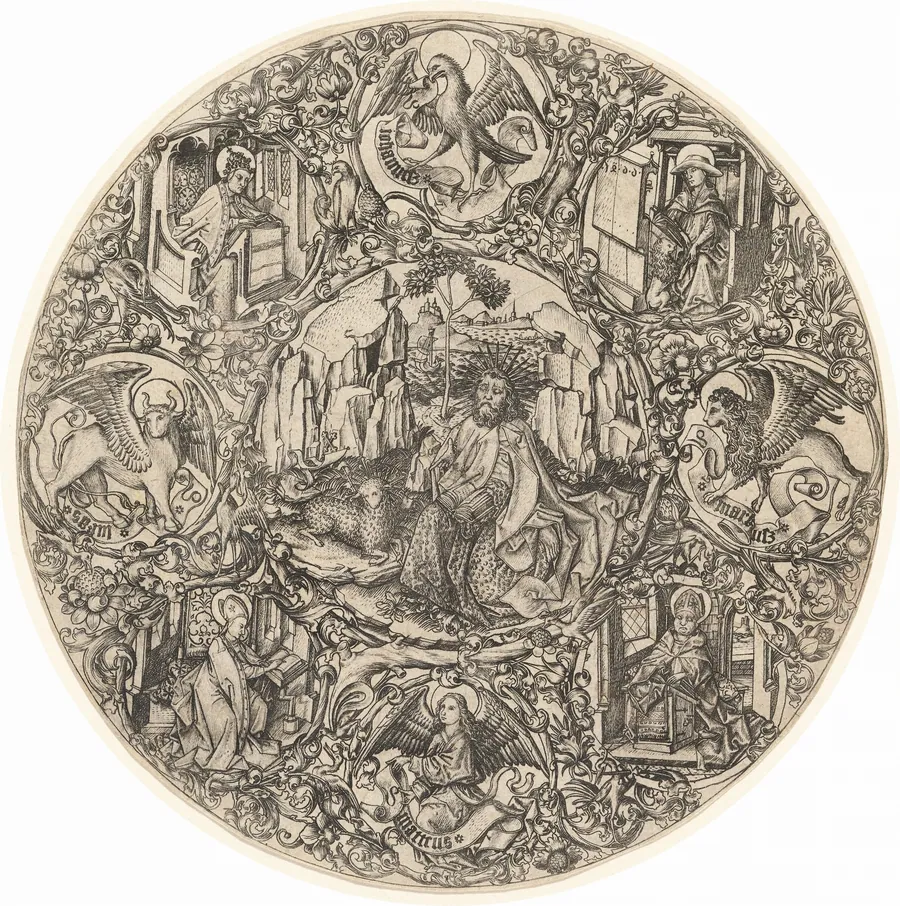 Saint John the Baptist in the Wilderness with the Lamb of God, Surrounded by the Symbols of the Evangelists and the Four Fathers of the Church by Master E.S.