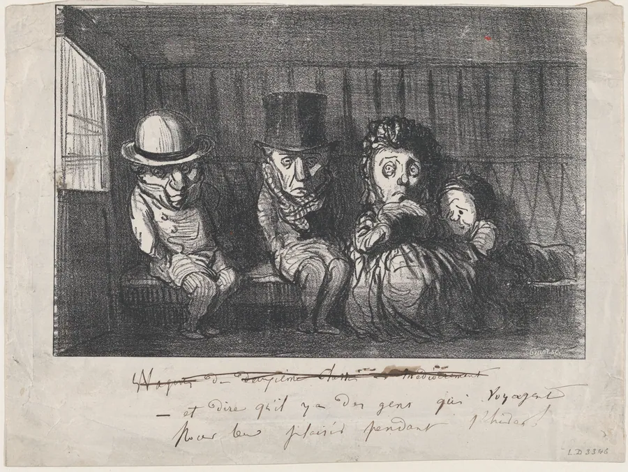 To imagine that there are people who even travel in winter for fun and enjoyment!, from 'Winter sketches,' published in Le Petit Journal pour Rire, December 3, 1864 by Honoré Daumier