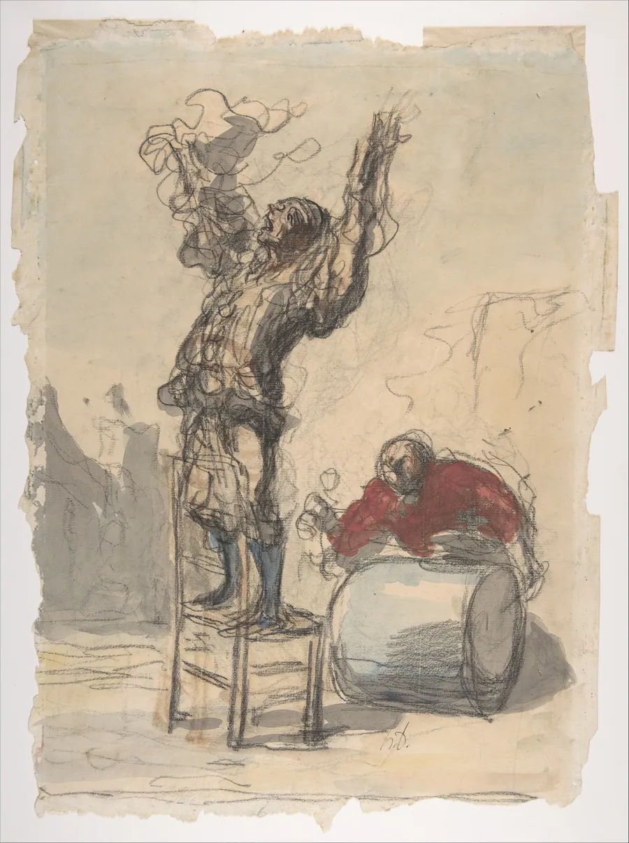 Street Show (Paillasse) (recto); a clown playing a drum (verso) by Honoré Daumier