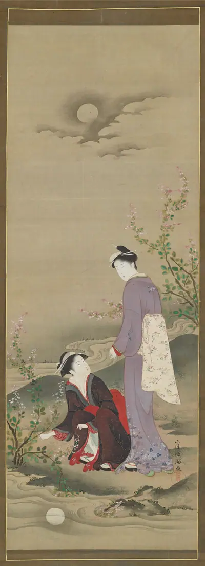 Autumn: Two women gazing at the reflection of the moon
