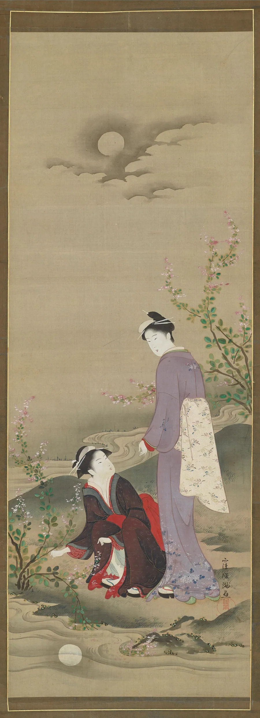 Autumn: Two women gazing at the reflection of the moon by Kubo Shunman 窪俊満 (1757-1820)