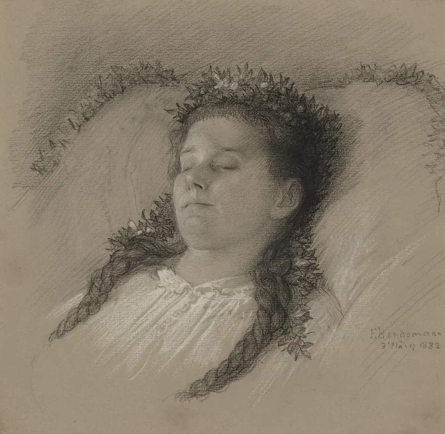 A Girl on Her Deathbed with a Crown of Flowers by Eduard Julius Friedrich Bendemann