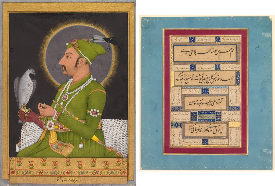 Posthumous portrait of the Mughal emperor Muhammad Shah (reigned 1719–1748) holding a falcon (recto); Calligraphy (verso) by Muhammad Rizavi Hindi
