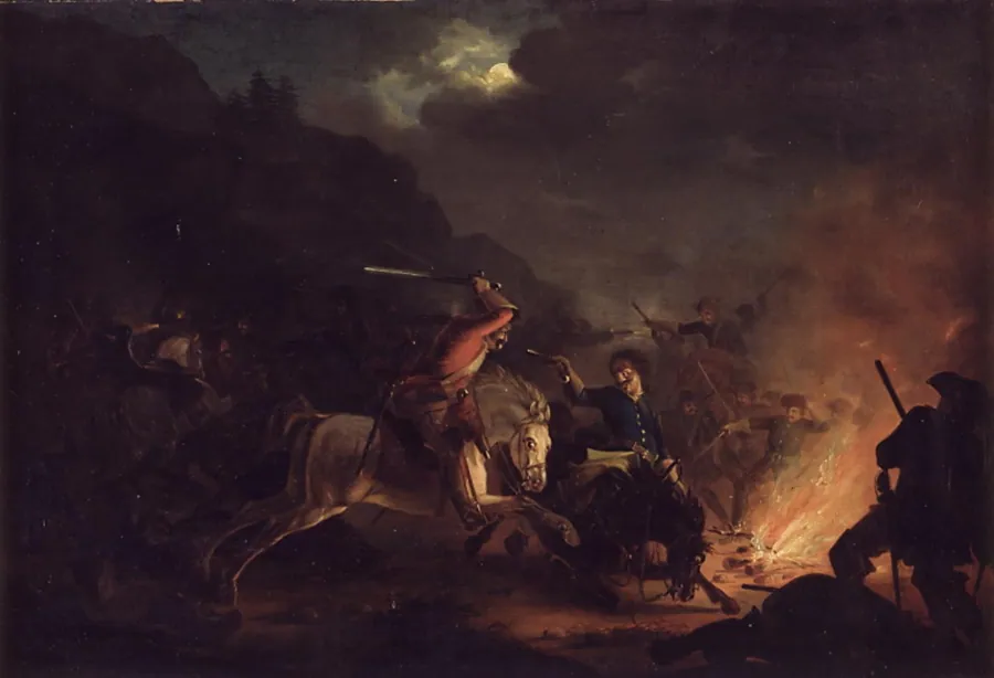 Thore Hovland i spidsen for de norske dragoner overfalder de svenske på præstegården Norderhaug by Christian Holm