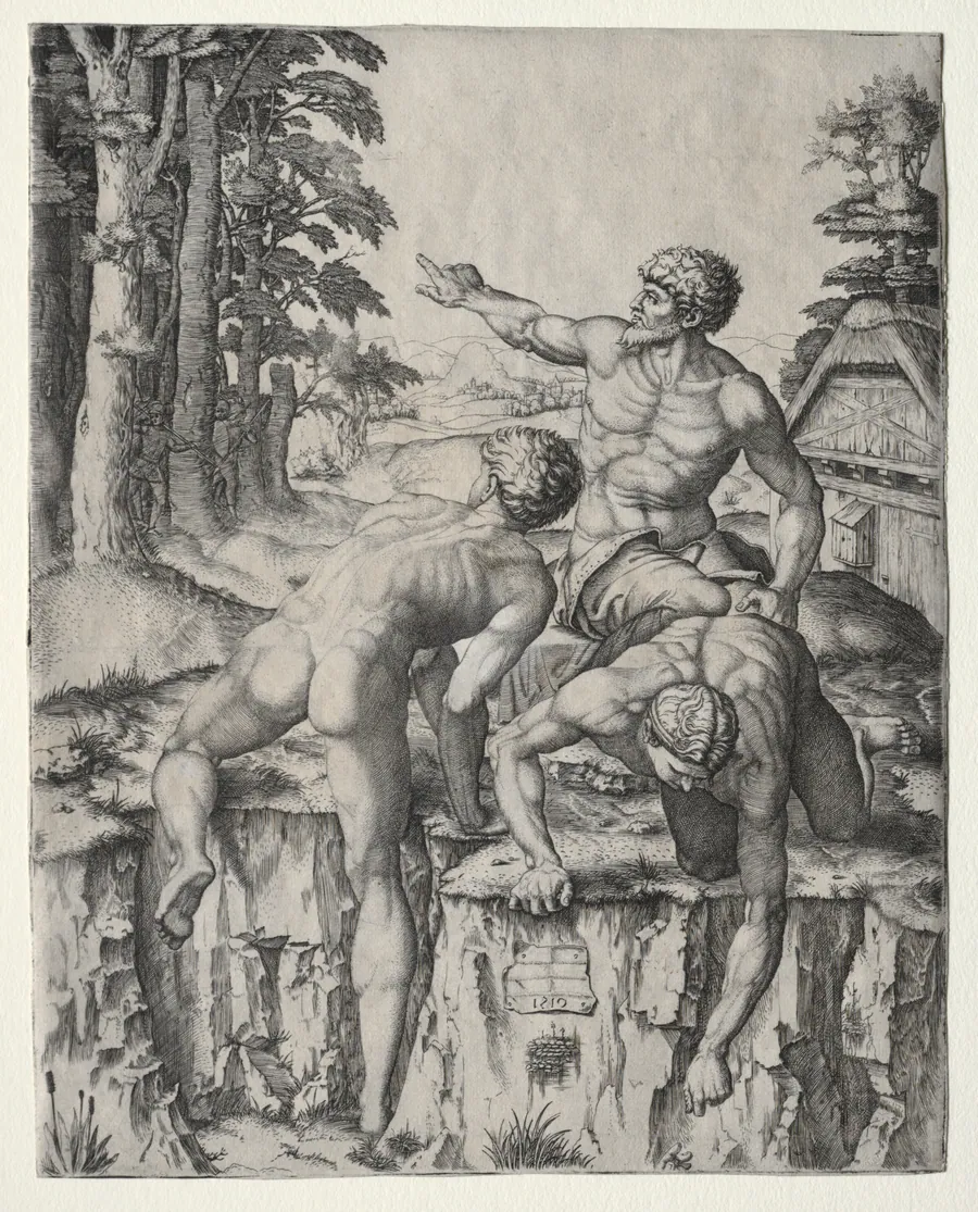 The Climbers (Three Figures from Michelangelo's Battle of Cascina) by Marcantonio Raimondi