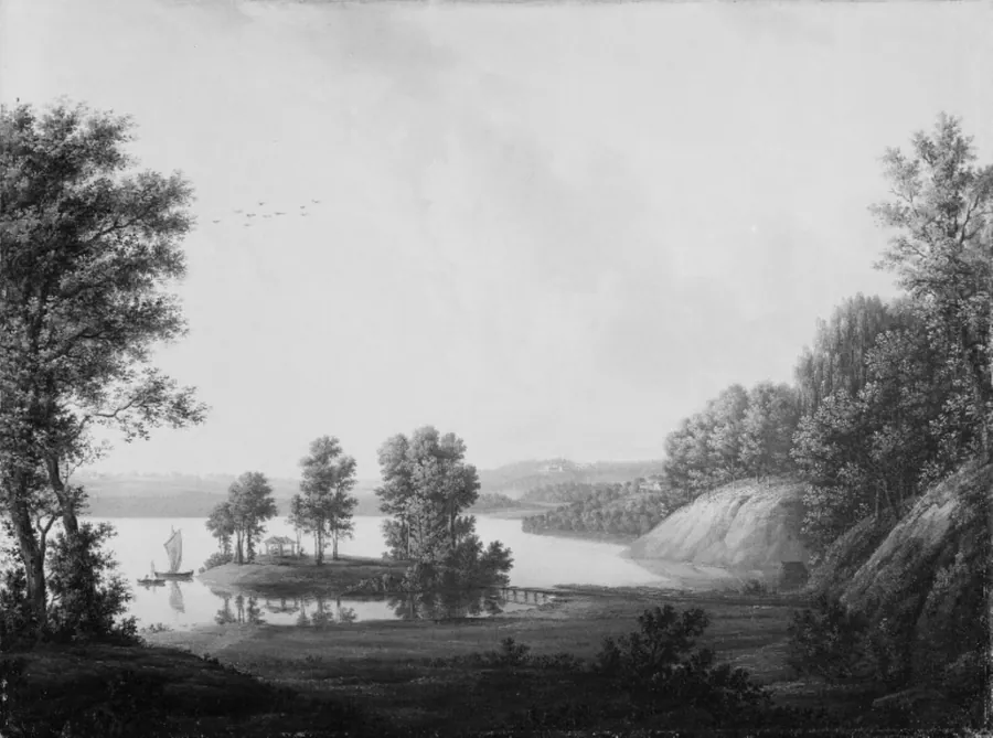 Prospekt fra Dronninggård over Furesøen. I forgrunden øen Chevallier med det kinesiske lysthus by Erik Pauelsen