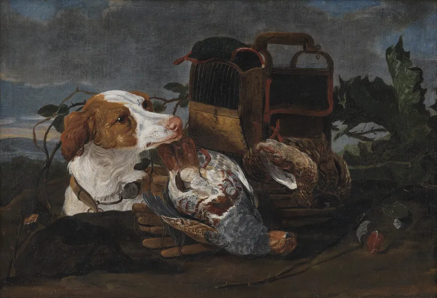 Jagtstilleben med døde fugle og en jagthund by Joannes Fijt