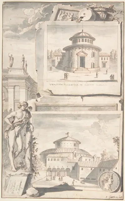 A Reconstruction of the Temple of Divus Claudius in Monte Coelio (above) and a View of the Ruins (below)