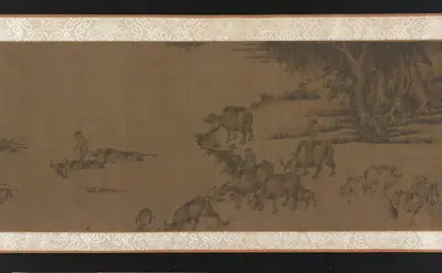 Water buffaloes and herd-boys crossing a stream