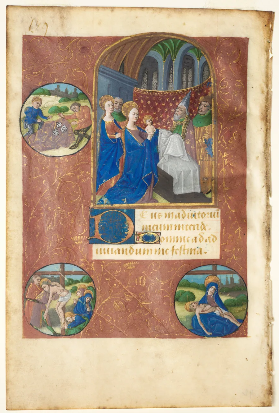 Leaf from a Book of Hours:  Presentation in the Temple with Roundels of the Casting of Lots, the Deposition, and Pietà (None, Office of the Virgin) by Master of Adélaïde de Savoie