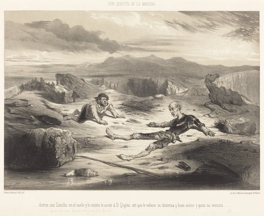 ...dieron con Sancho en el suelo y lo mismo le avinó d D. Quixote... by Célestin Nanteuil