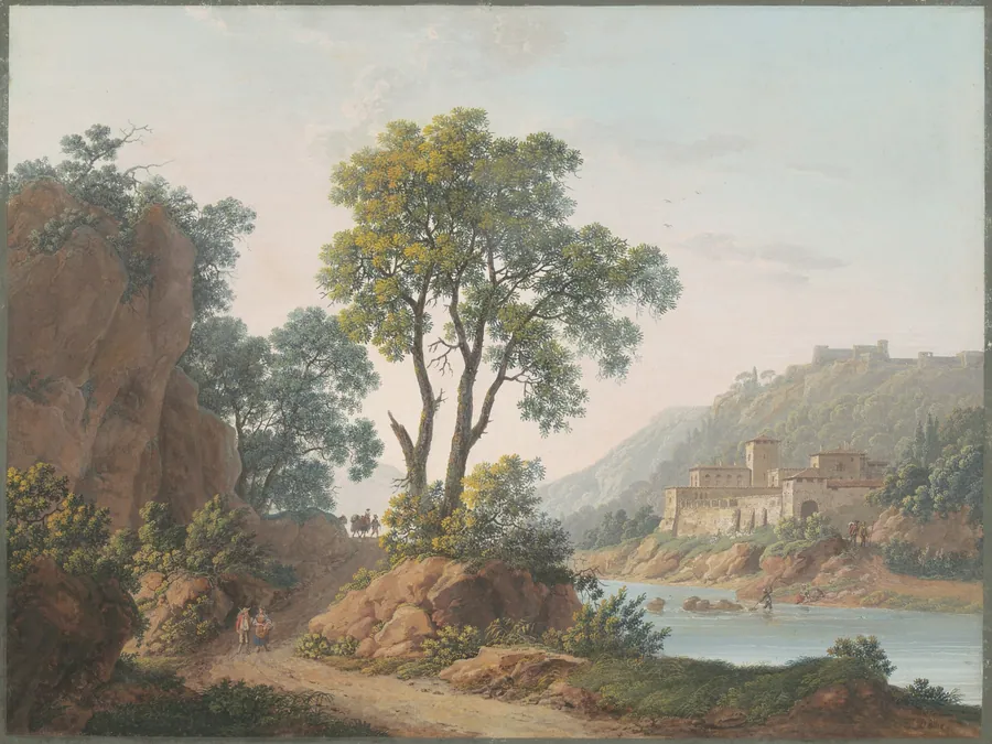River Landscape with Castles and Travelers by Baron Louis-Albert-Guillain Bacler d'Albe