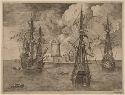 Four-Master (Left) and Two Three-Masters Anchored near a Fortified Island with a Lighthouse