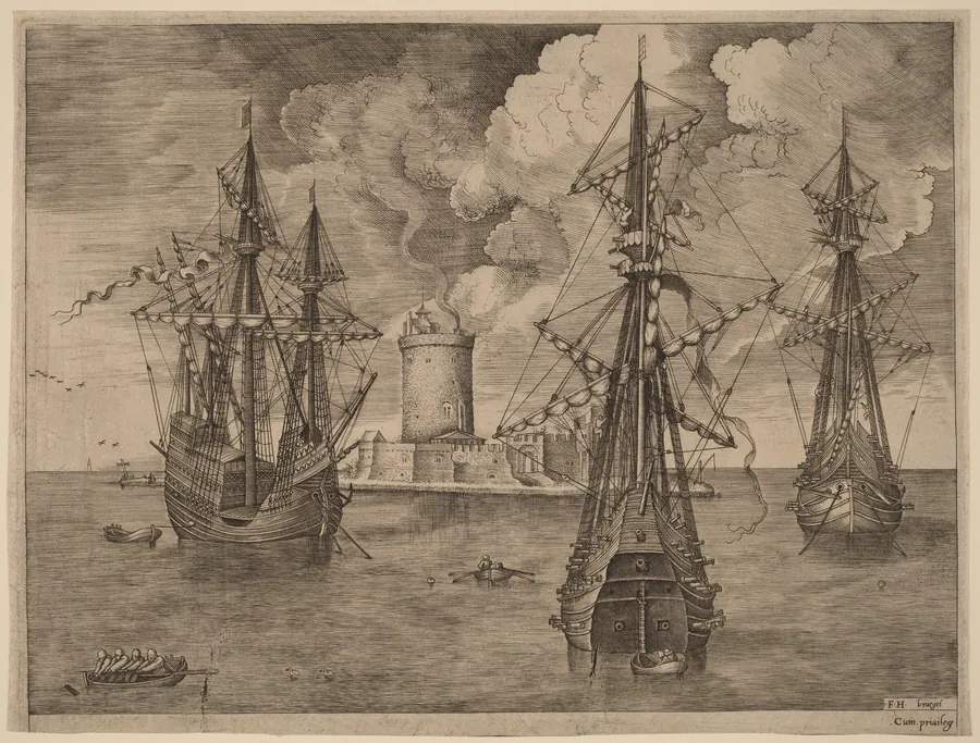 Four-Master (Left) and Two Three-Masters Anchored near a Fortified Island with a Lighthouse by Frans Huys