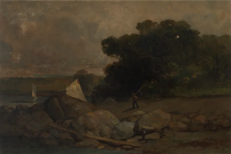 Untitled (landscape with rocks, man and sailboats) by Edward Mitchell Bannister, born St. Andrews, New Brunswick, Canada 1828-died Providence, RI 1901
