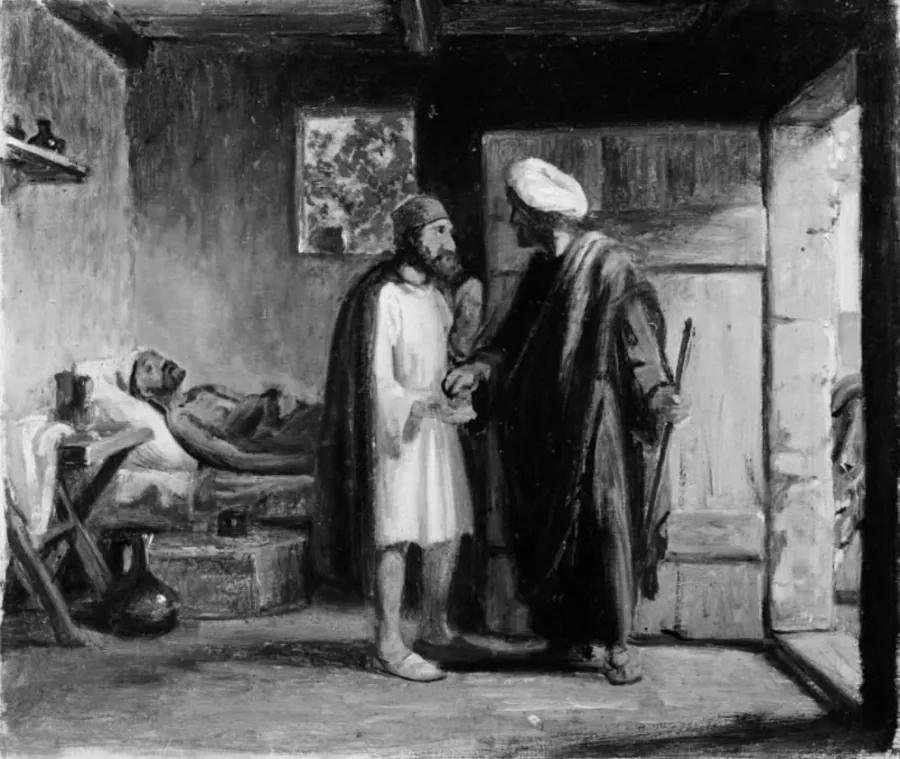 Den barmhjertige samaritan betaler værten by Wilhelm Marstrand