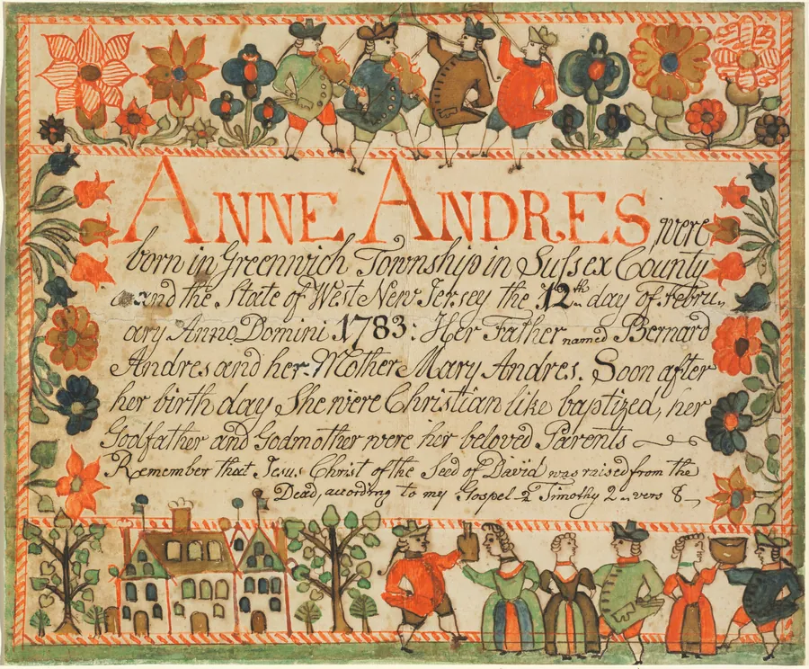 Birth and Baptismal Certificate for Anne Andres by Johannes Ernst Spangenberg