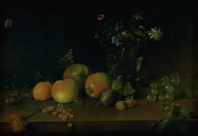 Blomster og frugter på et bord