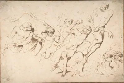 Fantastic Subject: Five Nude Male Figures Punishing Another