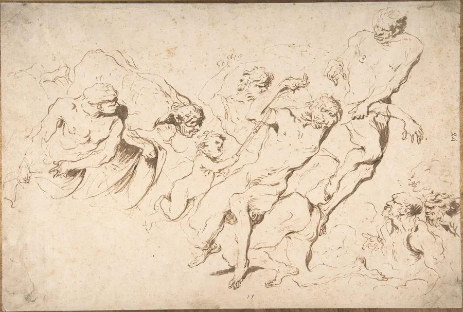 Fantastic Subject: Five Nude Male Figures Punishing Another by Giovanni Benedetto Castiglione (Il Grechetto)