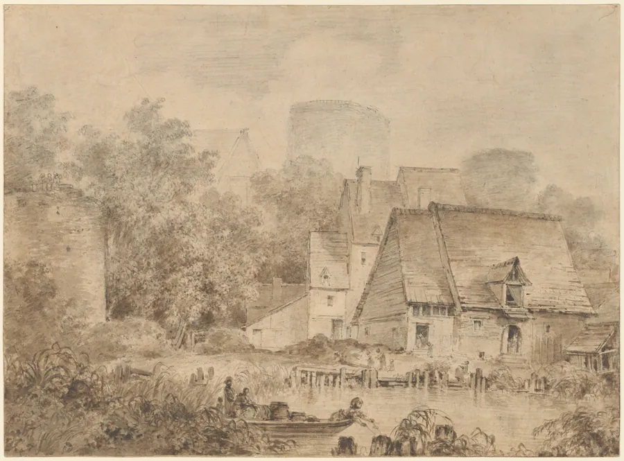 Farm Buildings beside a Waterway by Jean Honoré Fragonard