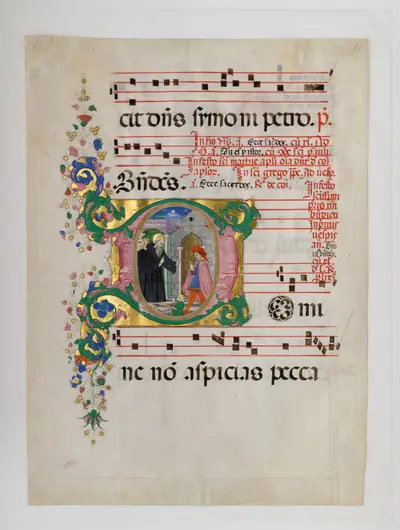 Manuscript Leaf with Saint Benedict Resuscitating a Boy in an Initial D, from an Antiphonary