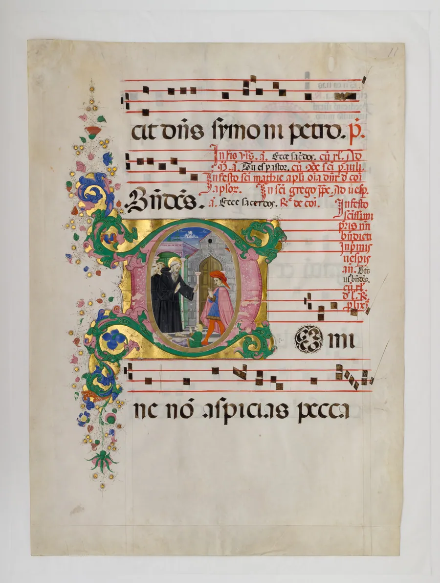 Manuscript Leaf with Saint Benedict Resuscitating a Boy in an Initial D, from an Antiphonary by Master of the Riccardiana Lactantius