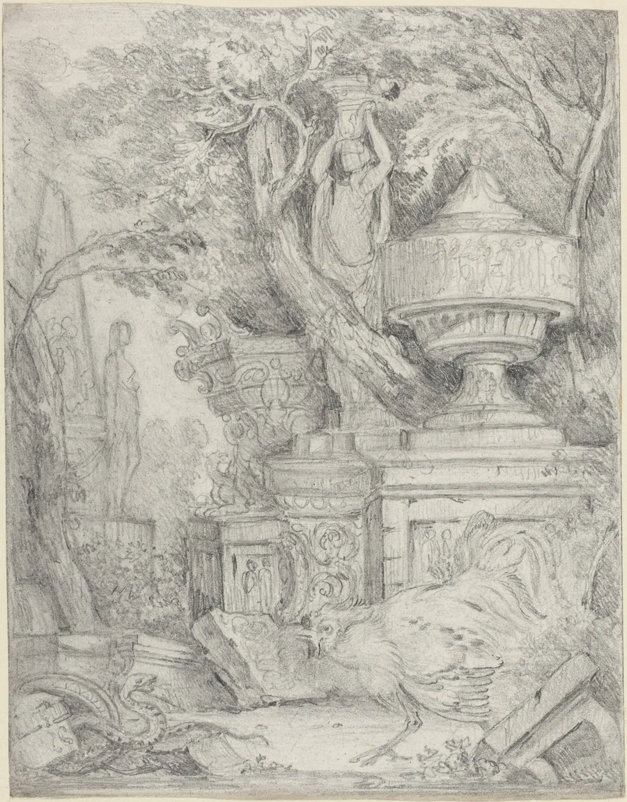 Ancient Sculptures with a Cock Fighting a Snake by James 'Athenian' Stuart