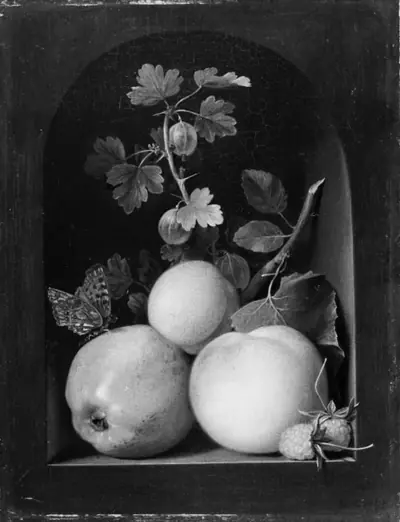 Et æble, caville rouge, og andre frugter