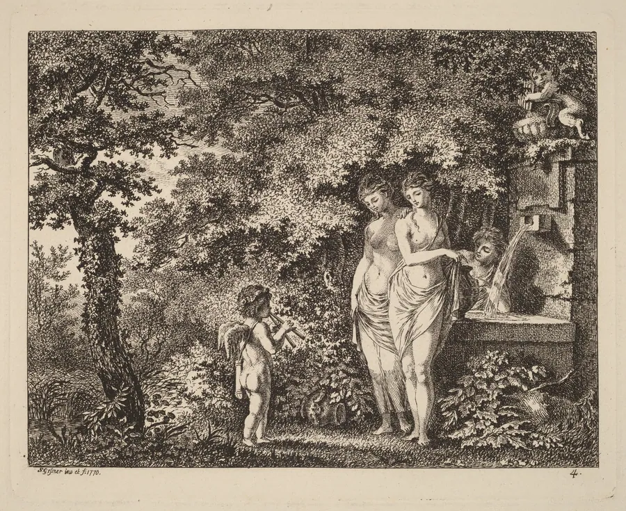 Eros with Three Girls at a Fountain by Salomon Gessner