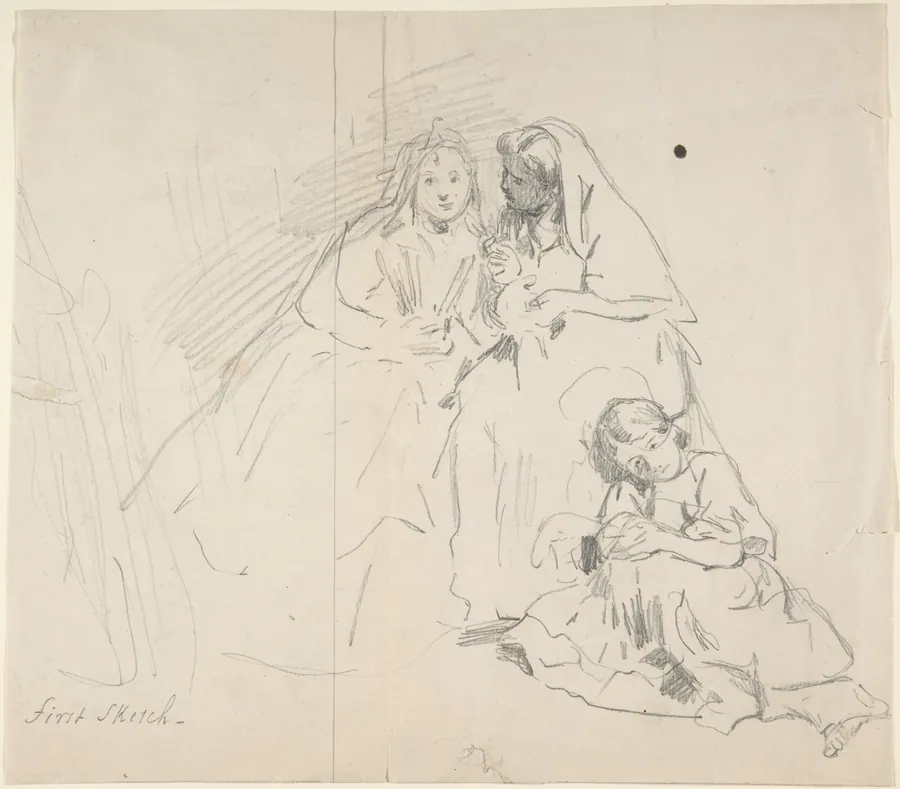 Sketch of Two Seated Women with Young Girl Sitting at Their Feet; Verso: Sketch of a Woman by Charles Baugniet