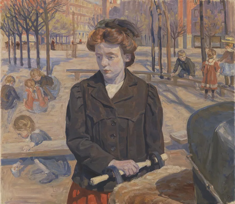 Forår. Ung pige med en barnevogn by Peter Hansen